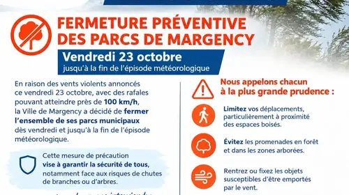 Vigilance orange pour vents violents. Les parcs municipaux restent fermés ce vendredi 23 octobre jusqu'à la fin de l'épisode météorologique pour la sécurité de tous.