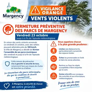 Vigilance orange pour vents violents. Les parcs municipaux restent fermés ce vendredi 23 octobre jusqu'à la fin de l'épisode météorologique pour la sécurité de tous.